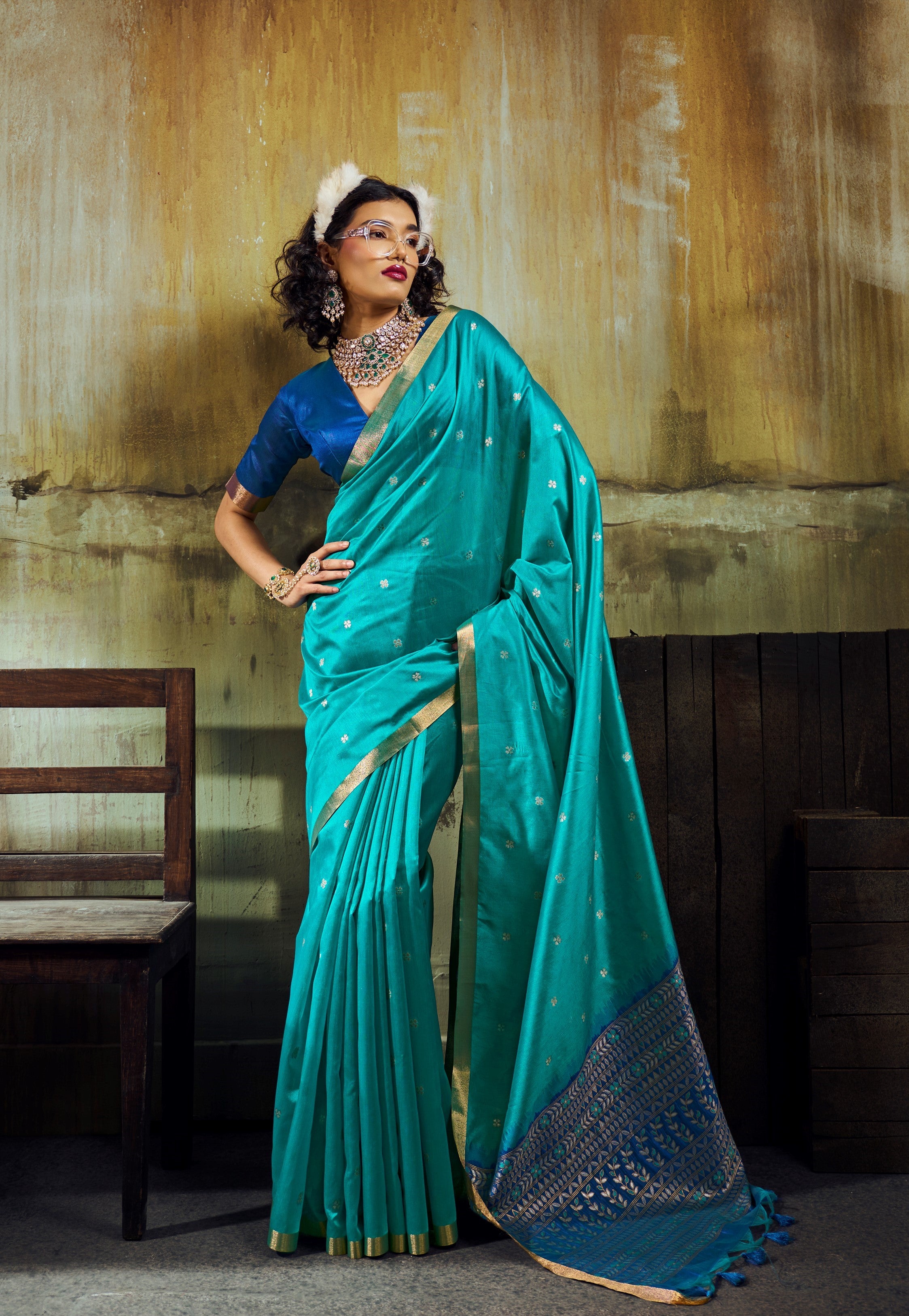 Blue Tussar Silk Weaving Saree