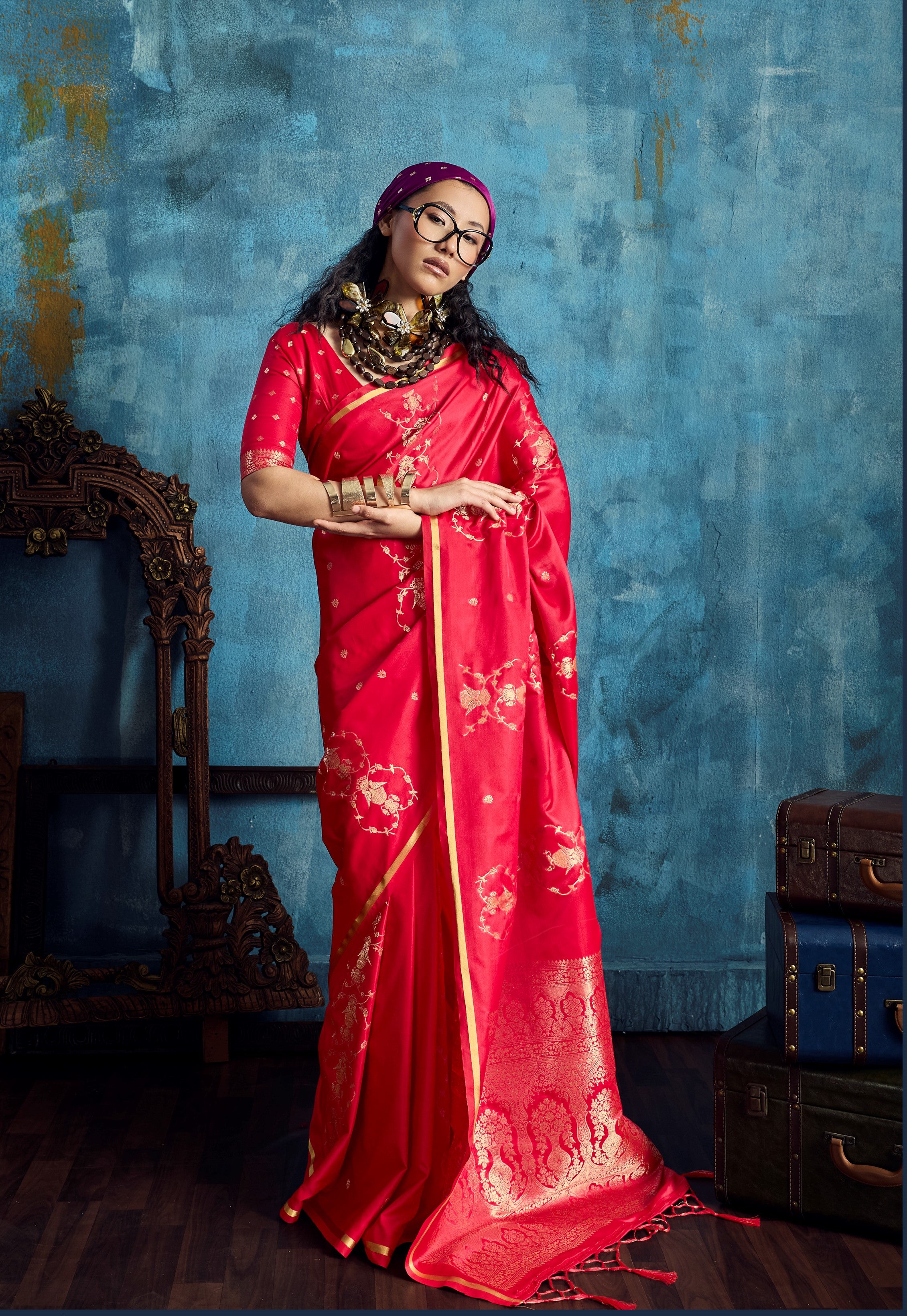 Red Pure Satin Silk Weaving Saree
