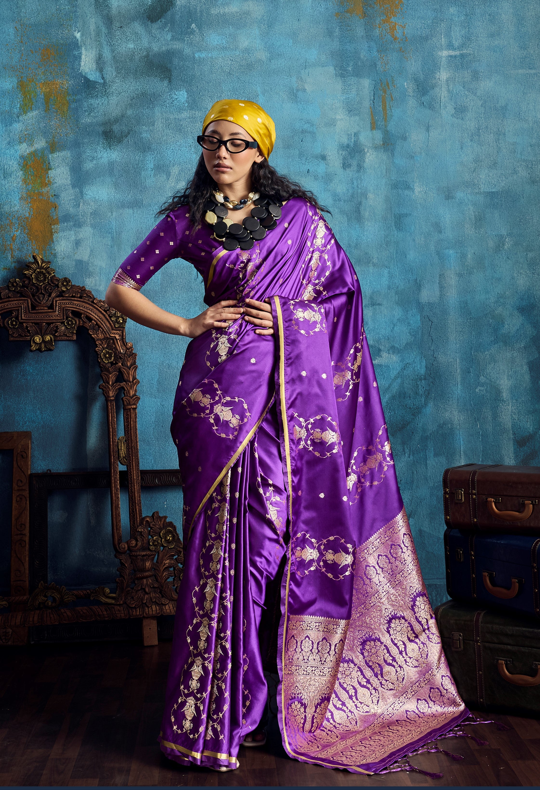Purple Pure Satin Silk Weaving Saree
