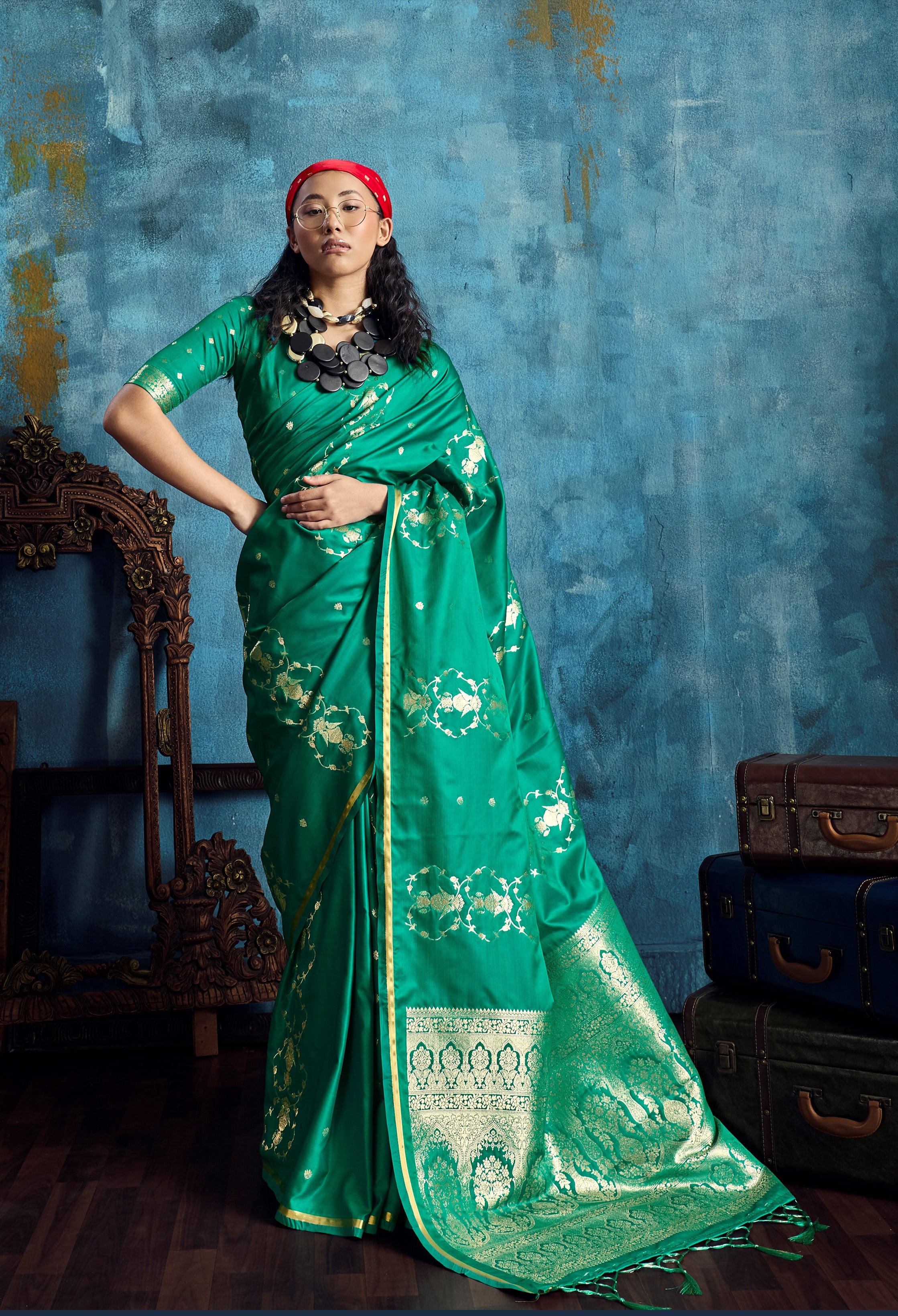 Teal Green Pure Satin Silk Weaving Saree