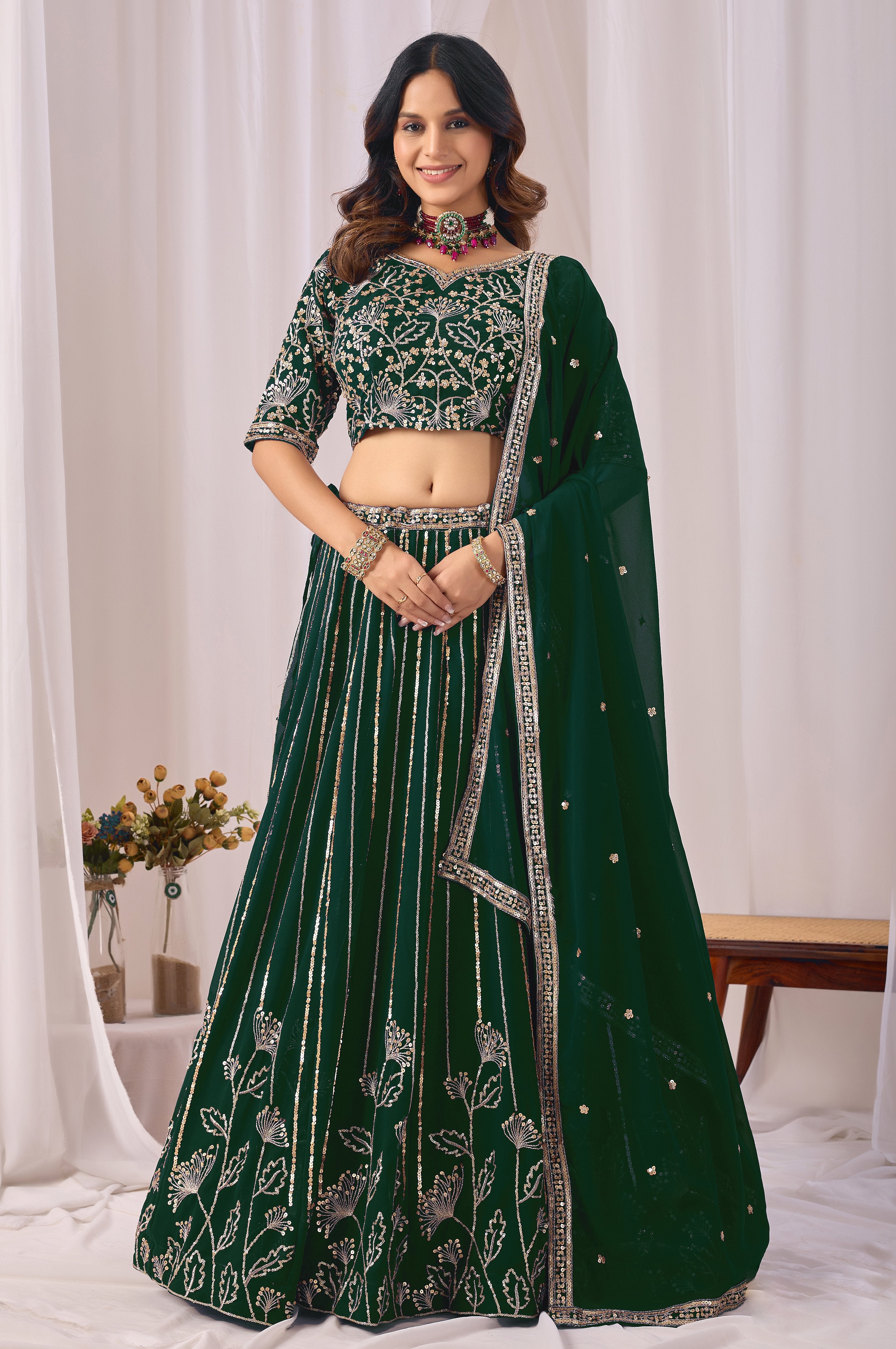 Green Faux Georgette Sequins Lehenga