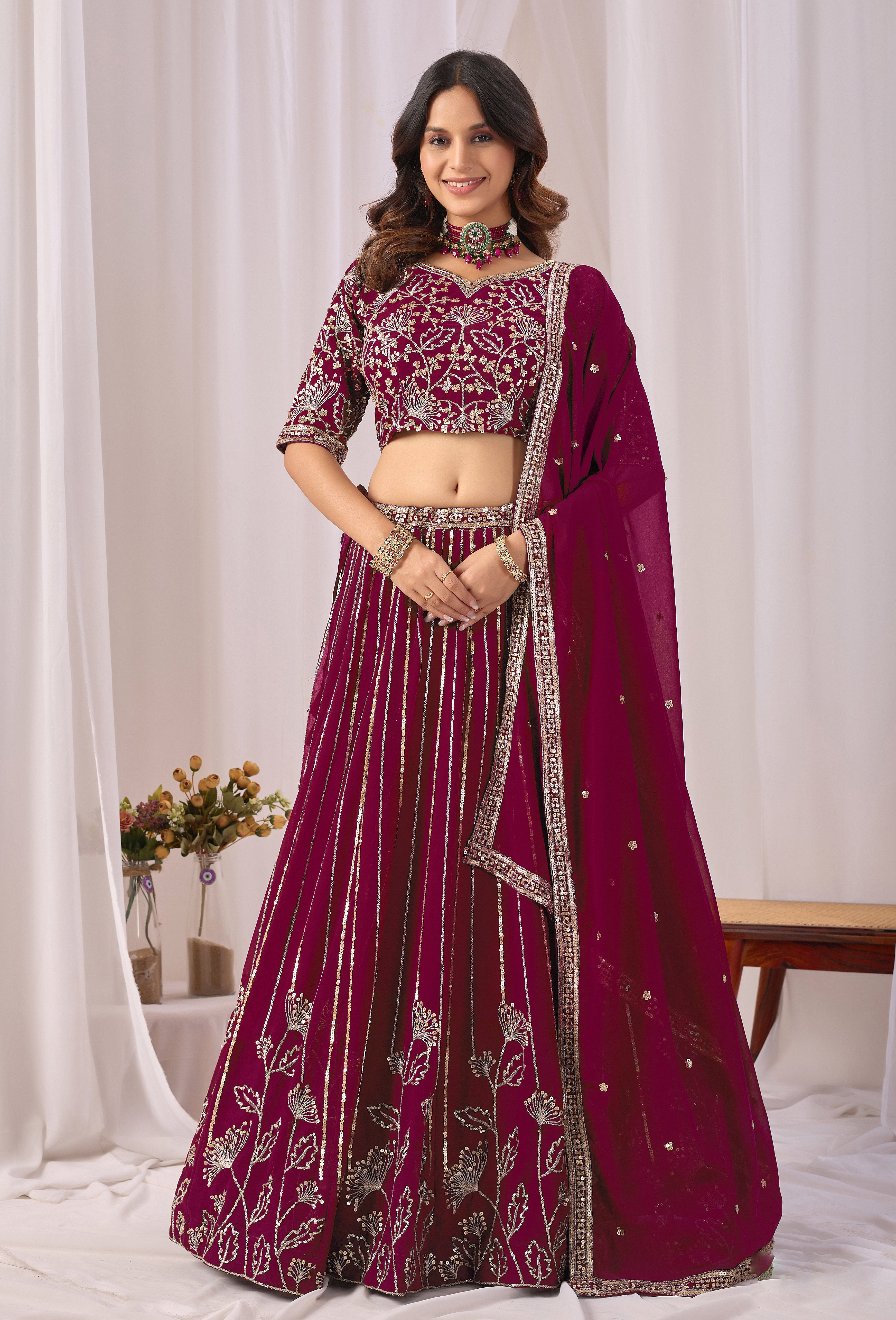 Wine Faux Georgette Sequins Lehenga