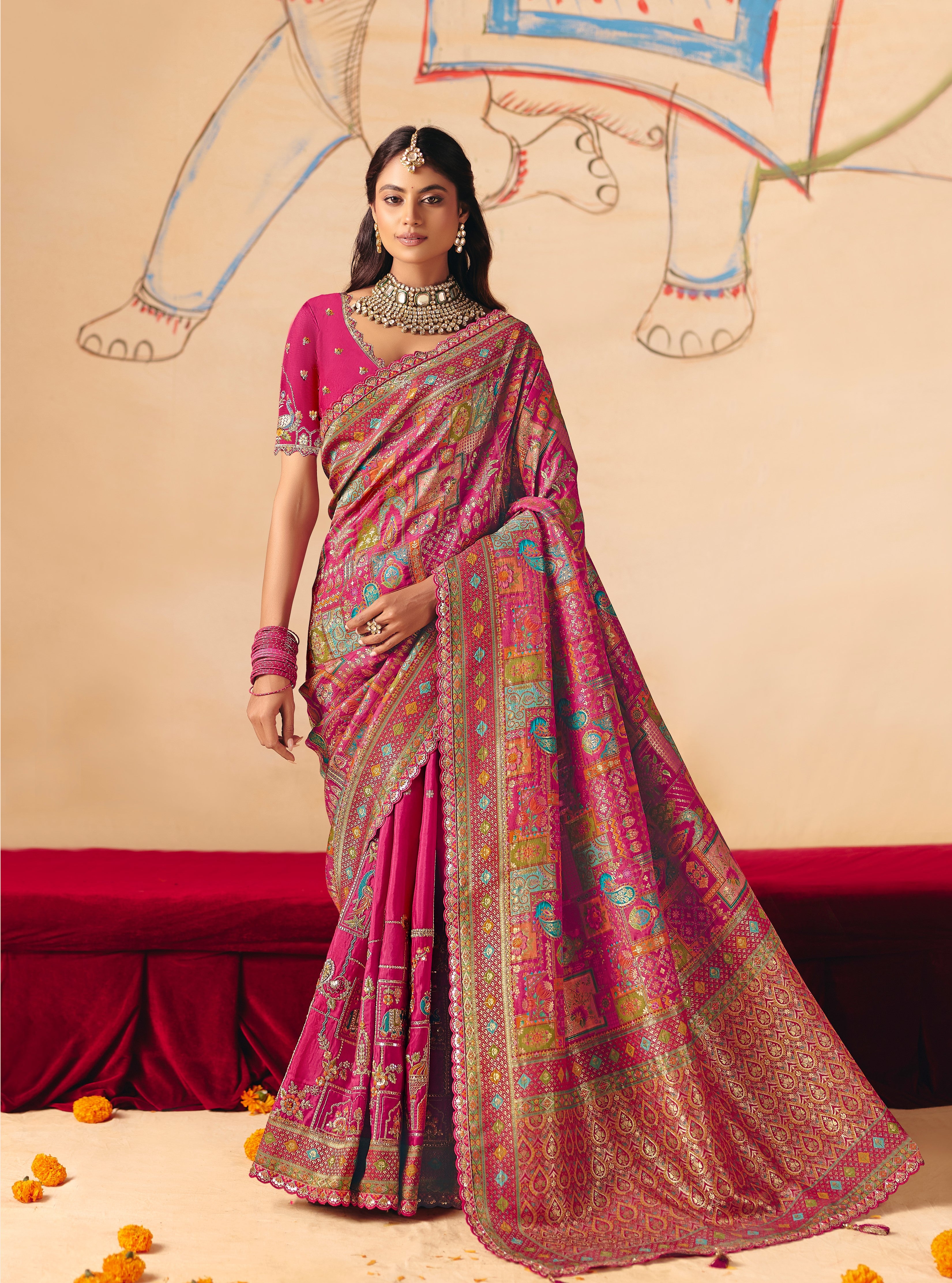 MagentaDola Zari SIlk Thread Work Saree