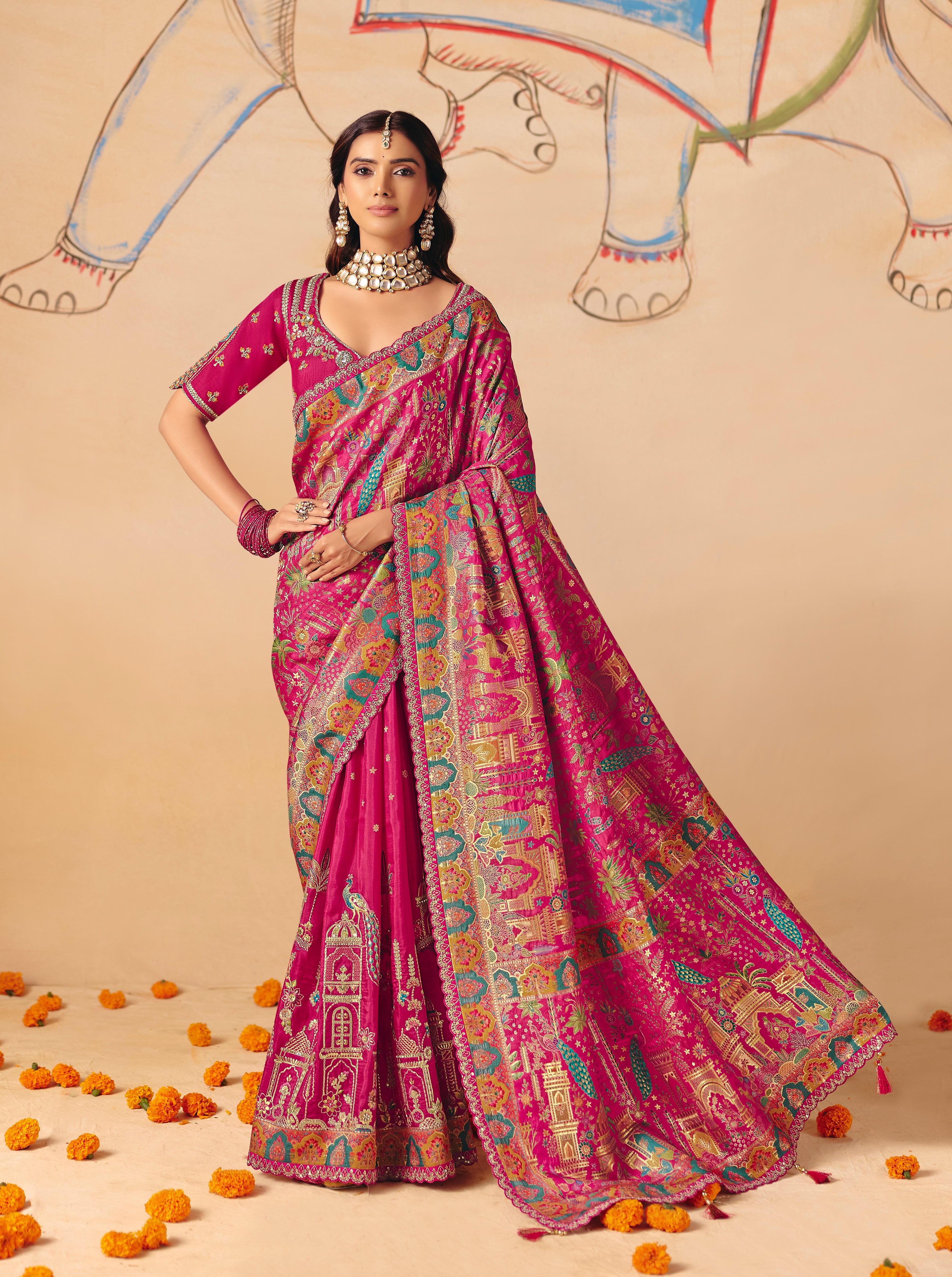Charming Pink Dola Zari SIlk Thread Work Saree