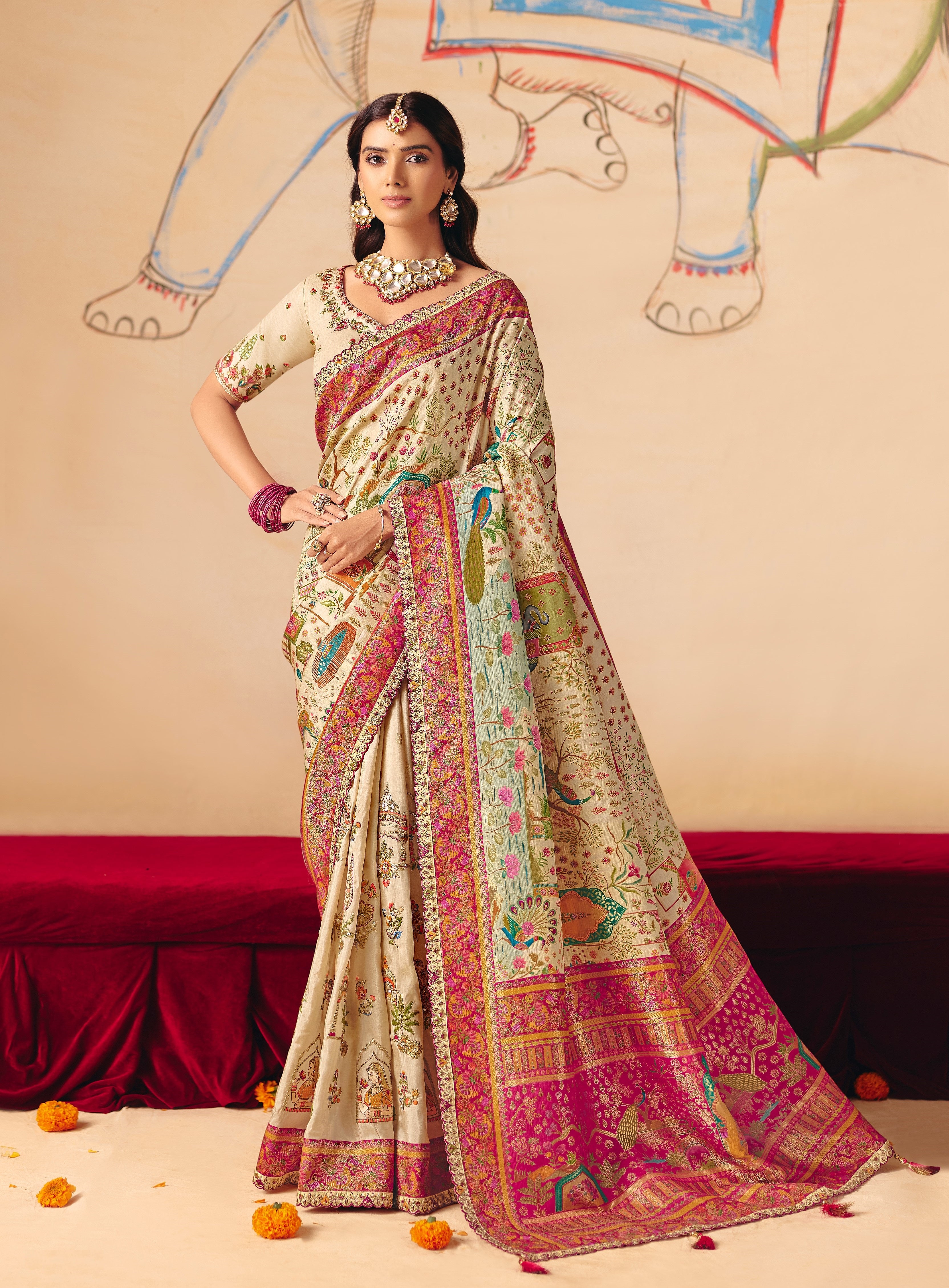 Beige Pink Dola Zari SIlk Thread Work Saree