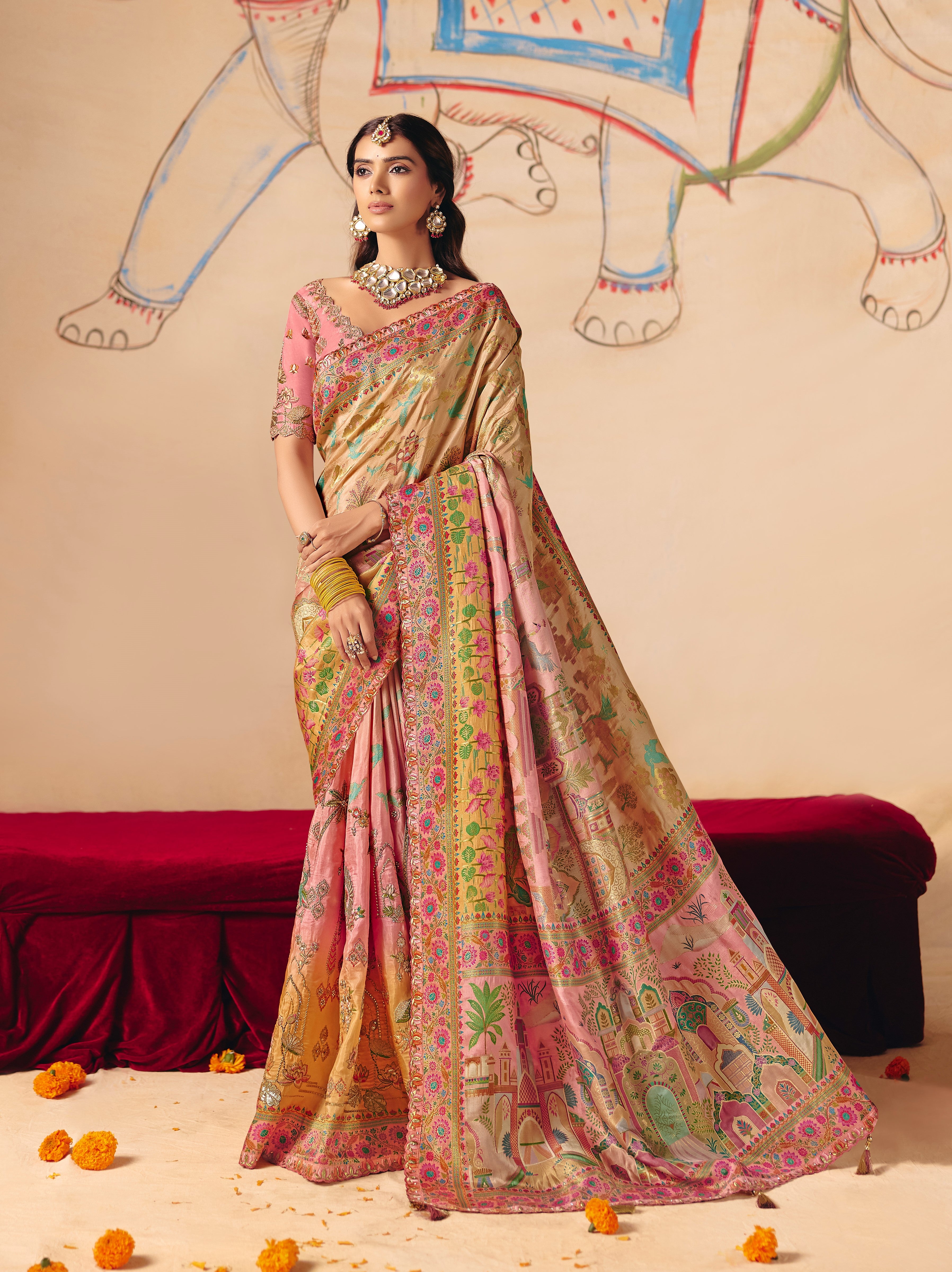 Blush Pink Beige Dola Zari SIlk Saree