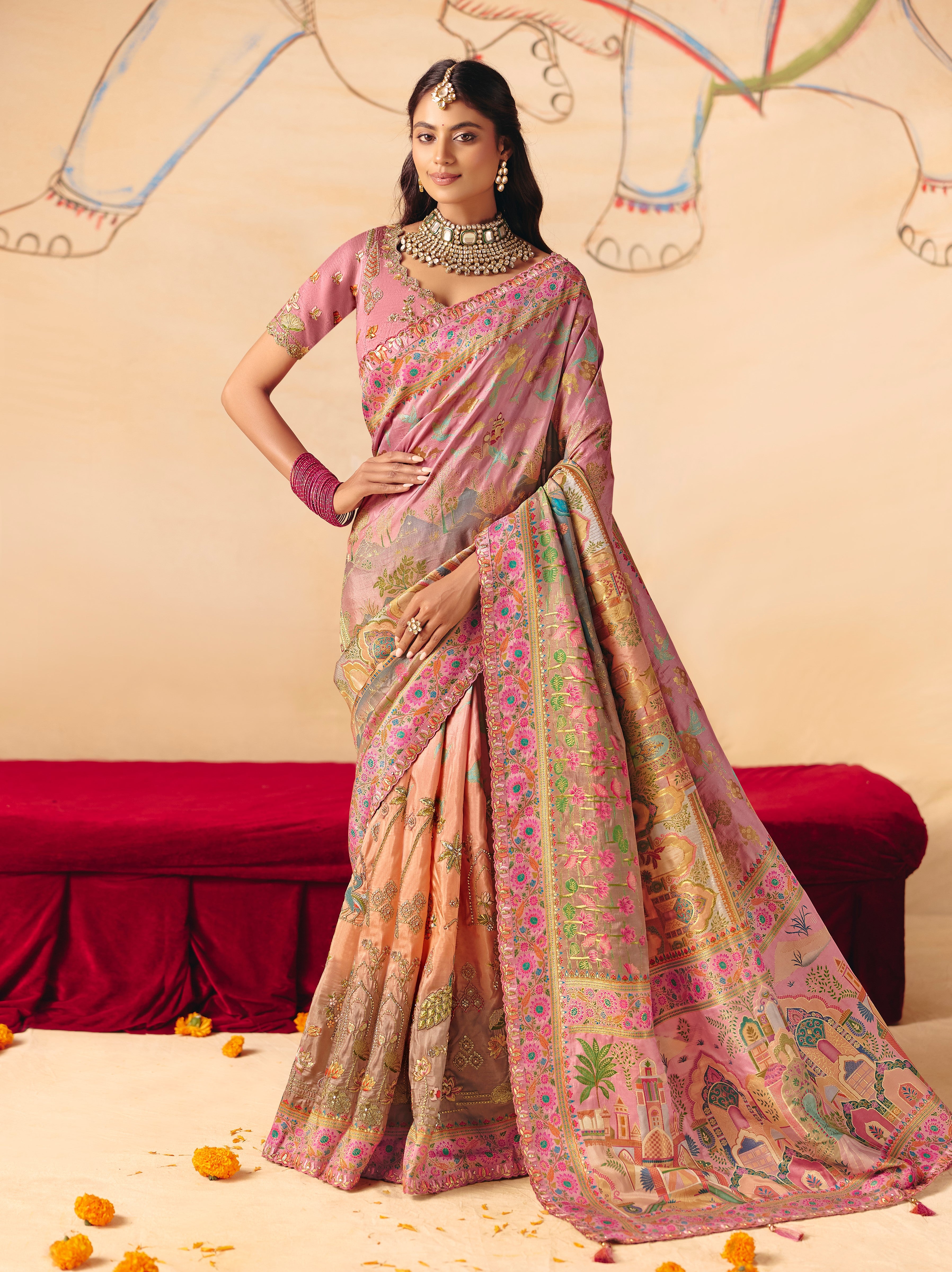 Peach Dola Zari SIlk Thread Work Saree