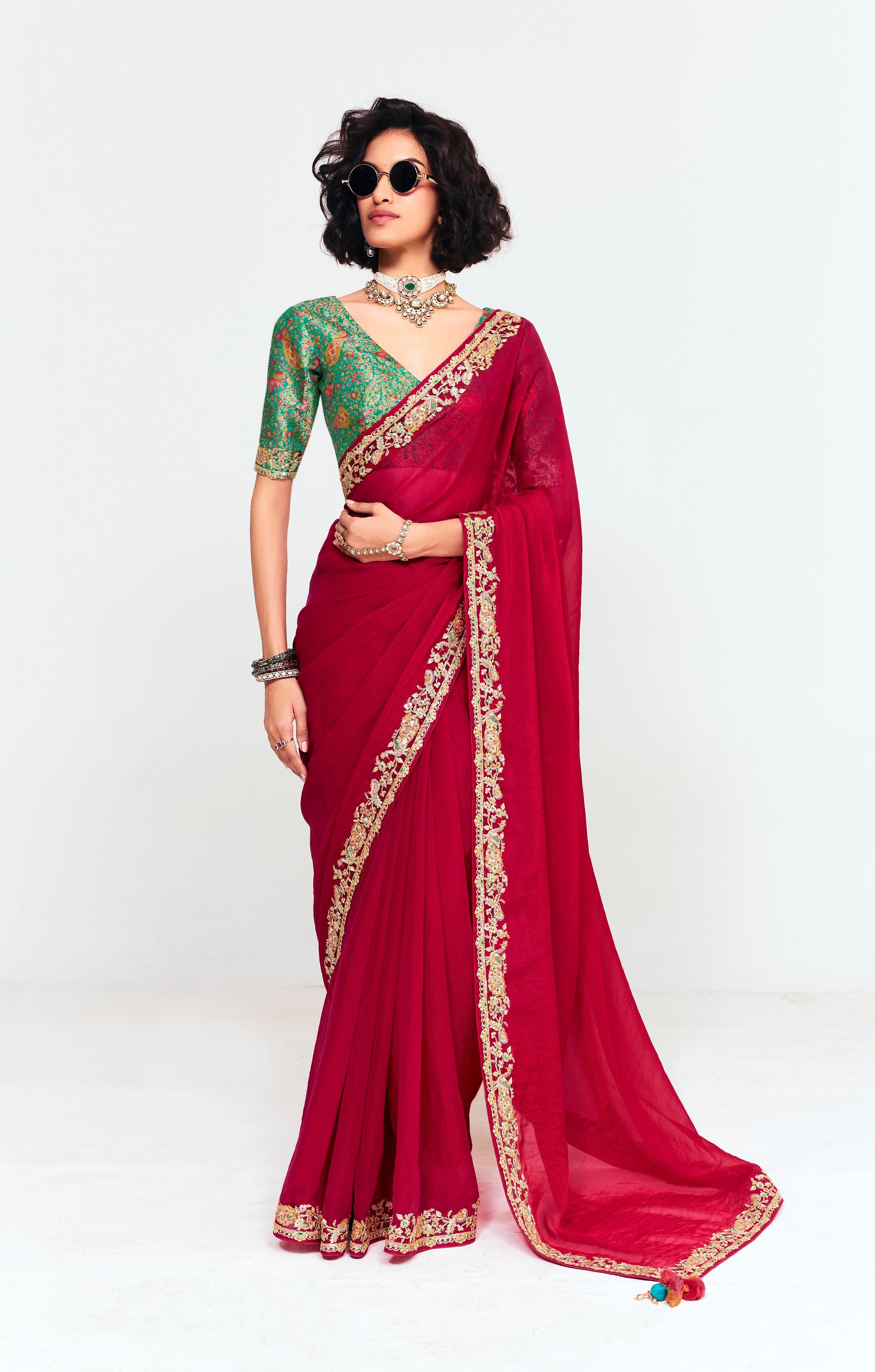 Red Georgette With Printed Blouse Saree