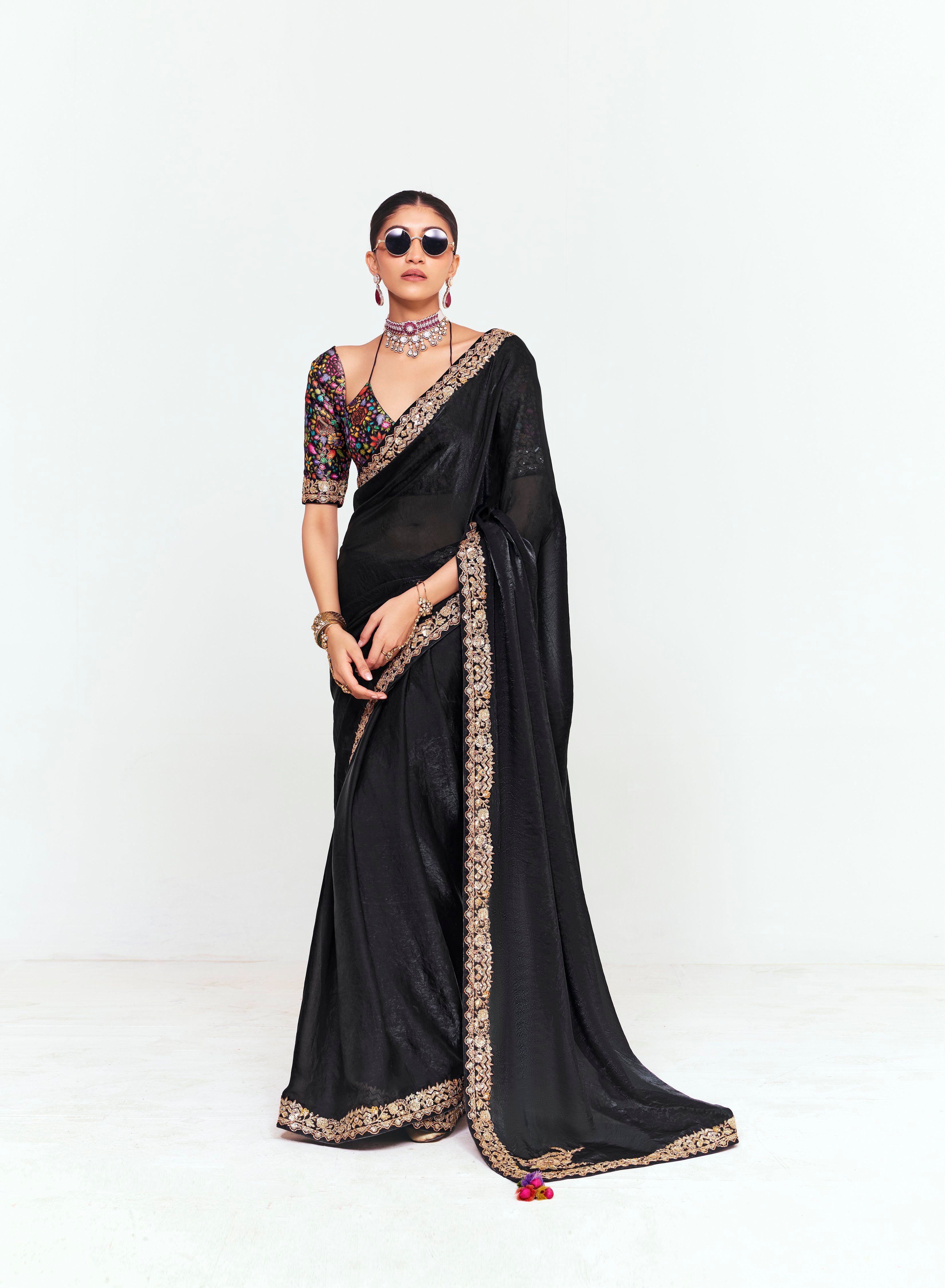 Black Organza Tissue With Printed Blouse Saree