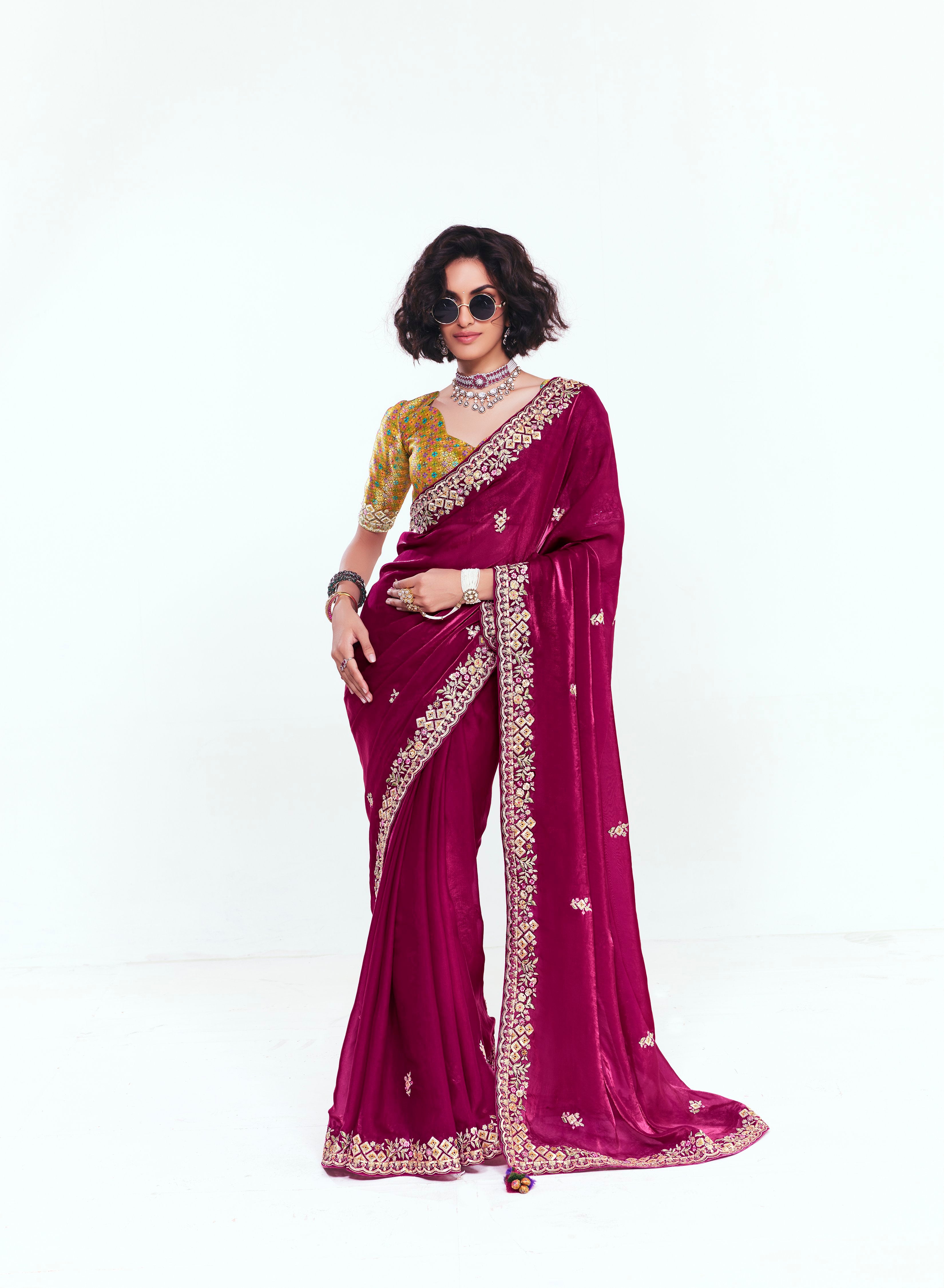 Magenta Organza Tissue With Printed Blouse Saree