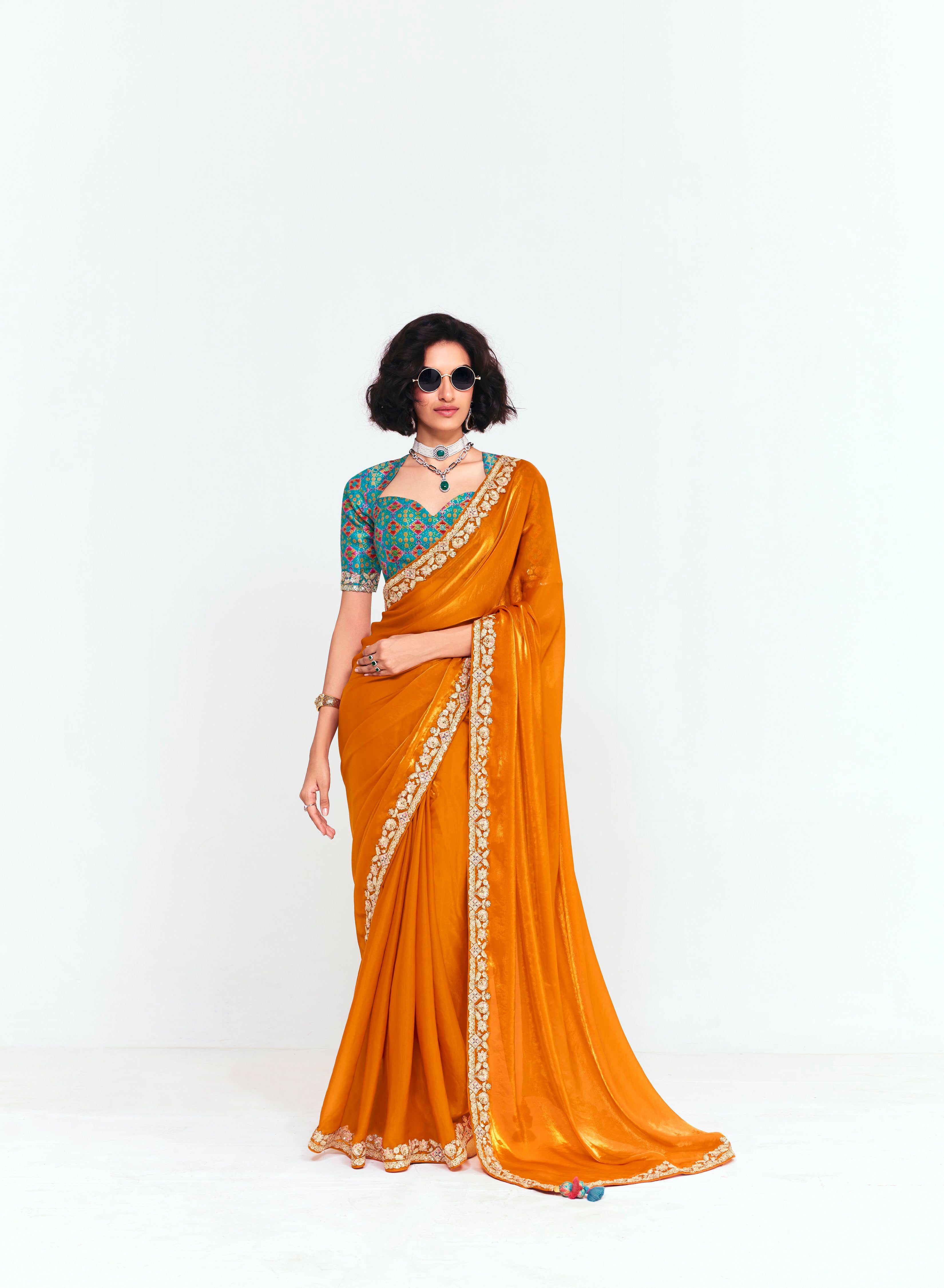 Orange Organza Tissue With Printed Blouse Saree