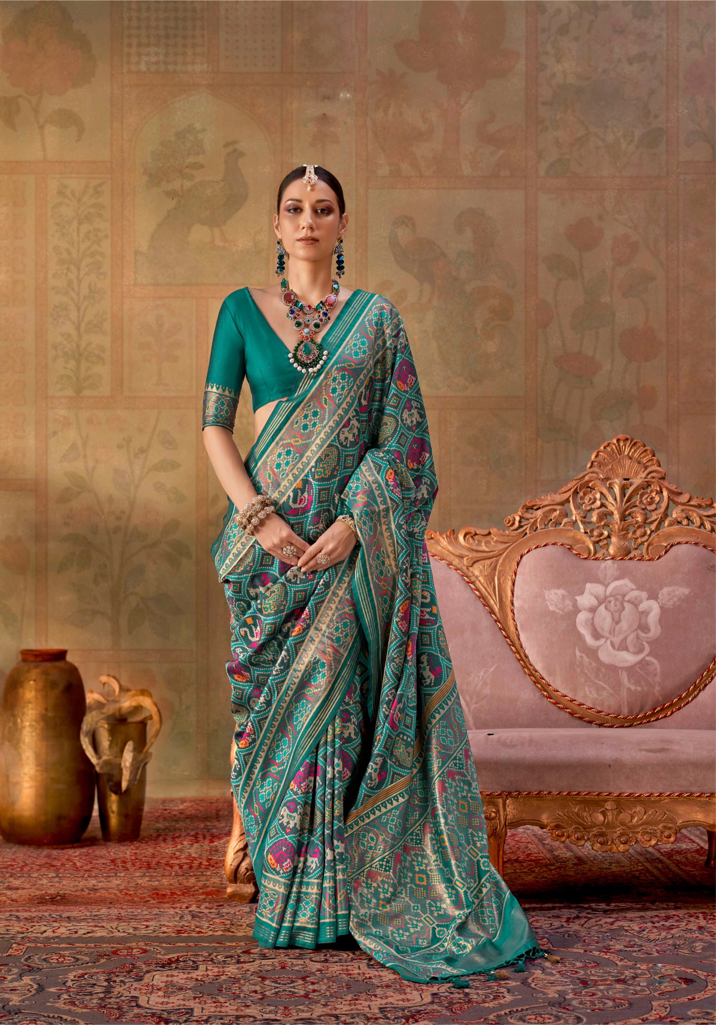 Teal Green Silk Weaving Patola Tassles Saree