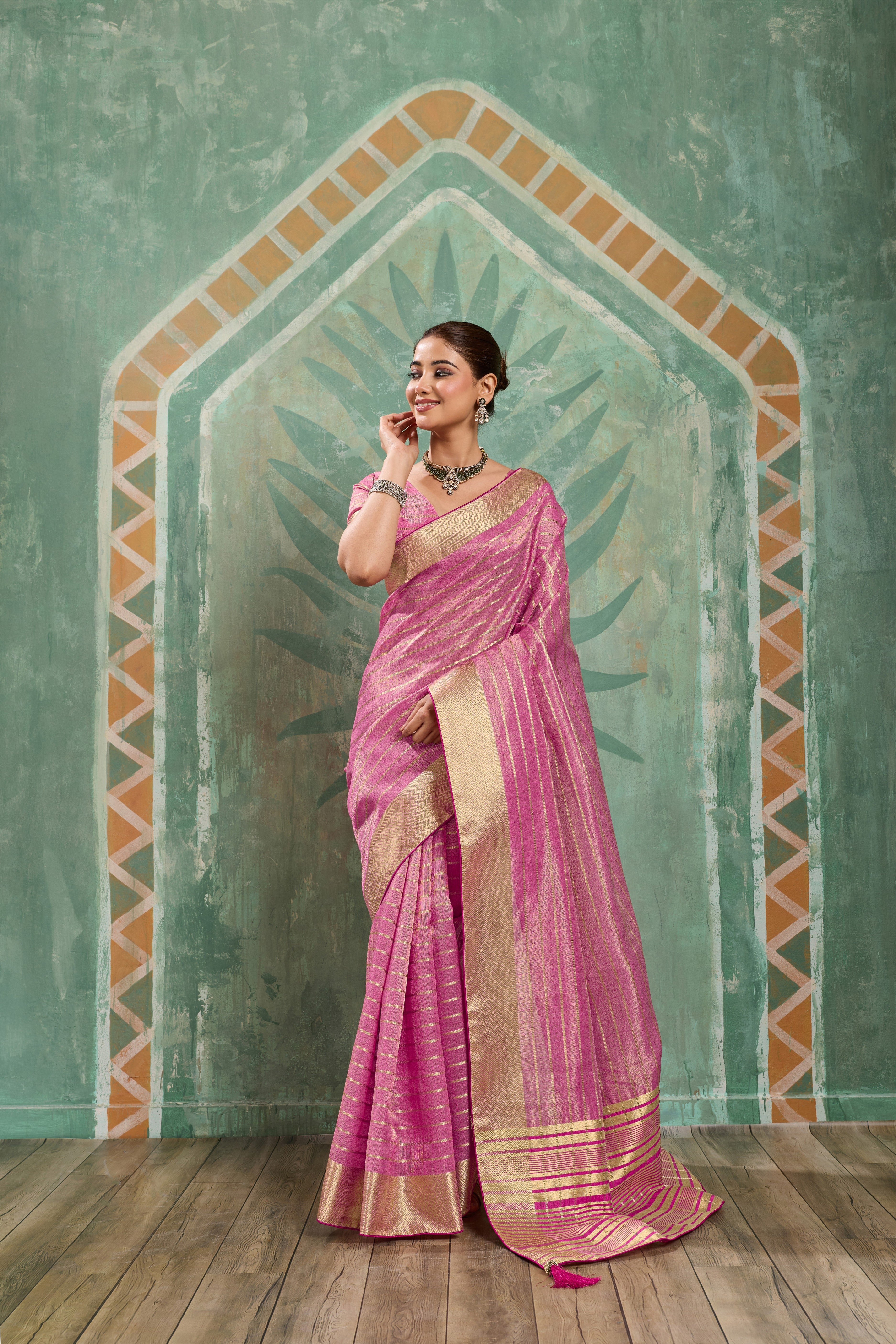 Pink Cotton Tissue Stripes Zari Saree