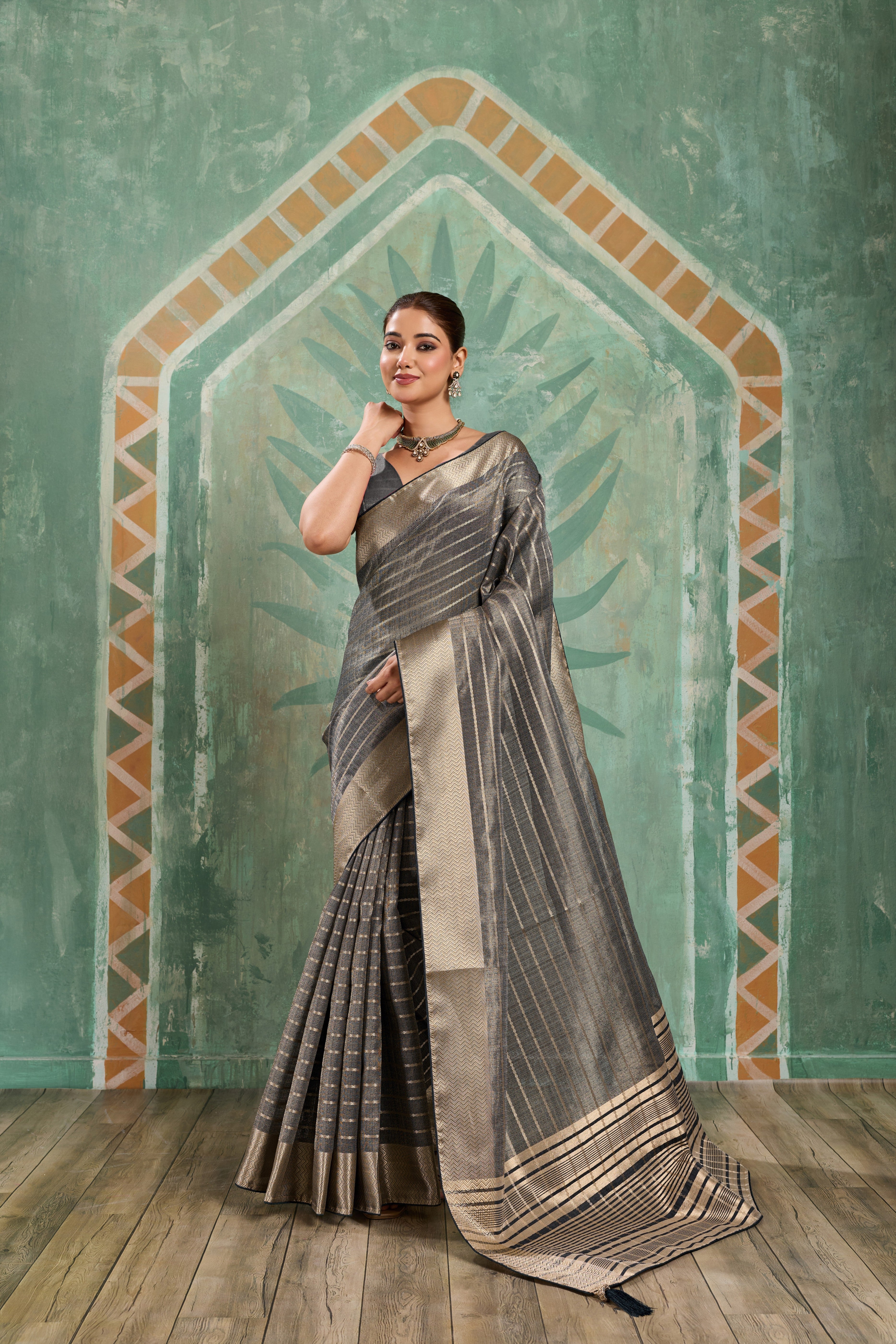 Grey Cotton Tissue Stripes Zari Saree