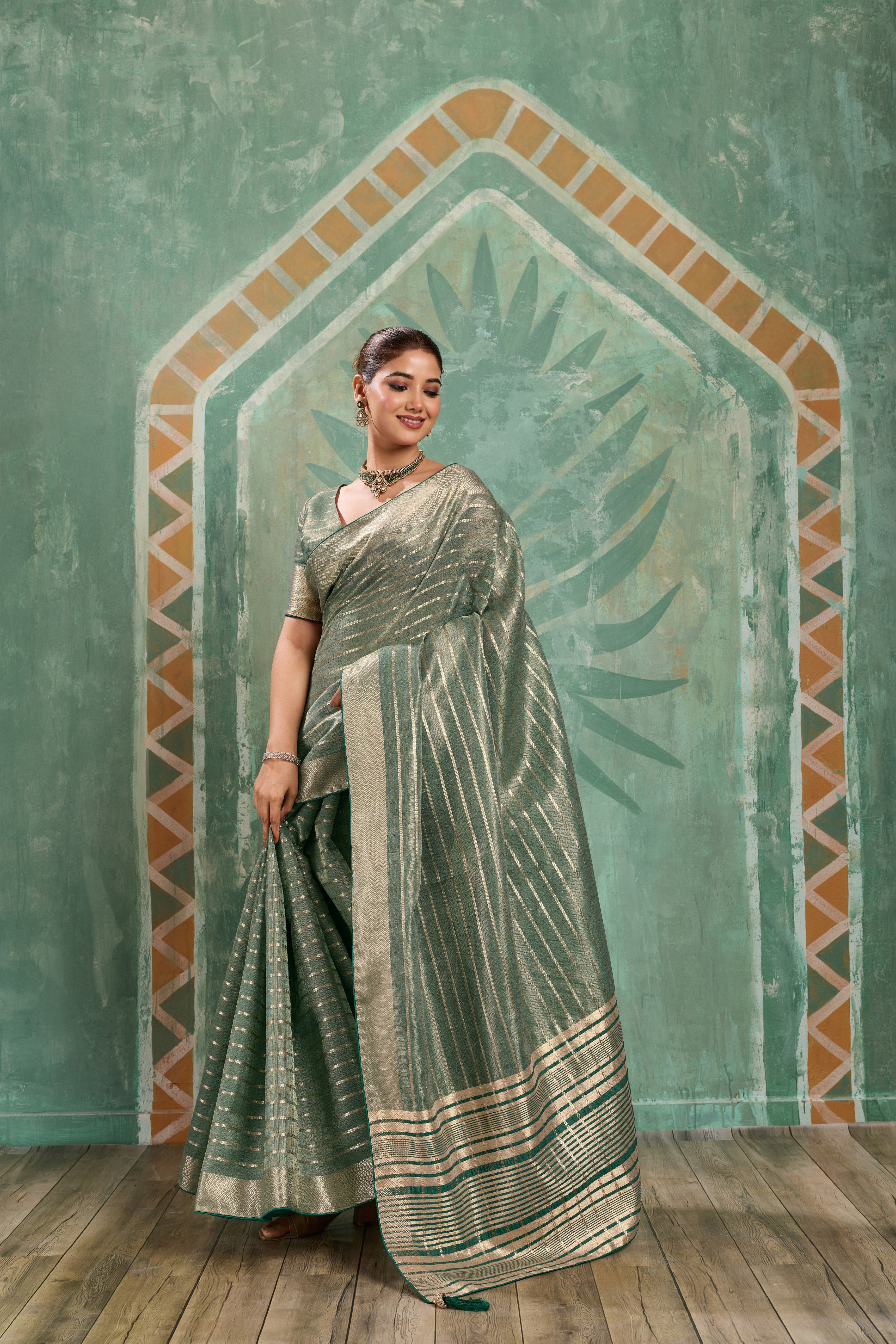 Sage Green Cotton Tissue Stripes Zari Saree